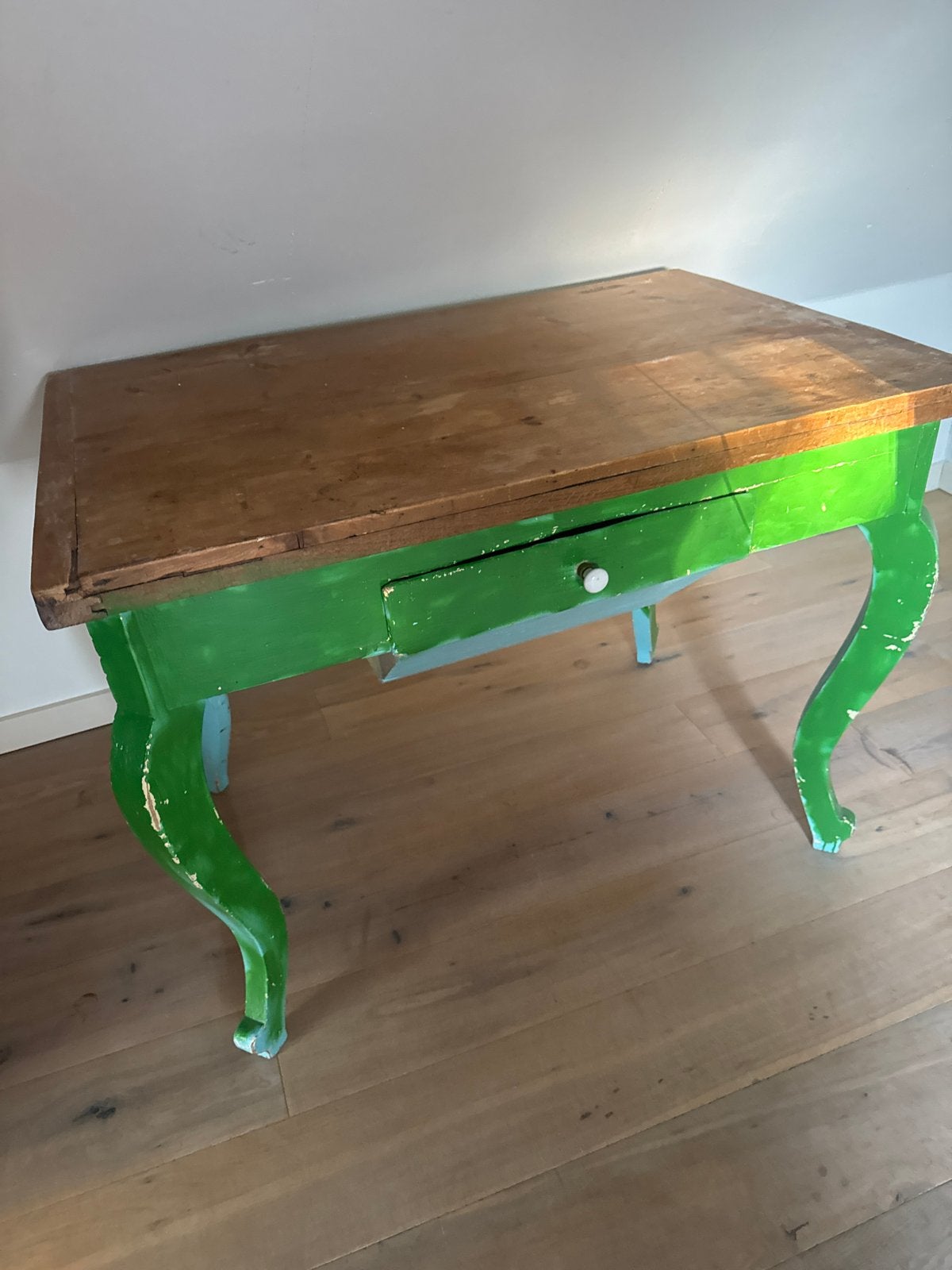 Vintage houten tafel met lade - Groen geverfd, Ophalen