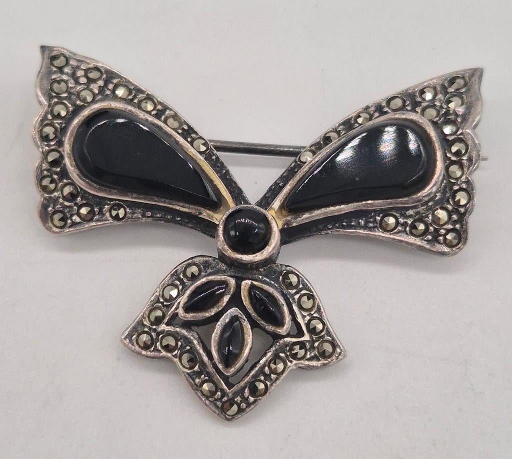 Vintage Zilveren Broche met Onyx en Markasiet 925, 4 tot 7 cm, Gebruikt, Verzenden, Met edelsteen