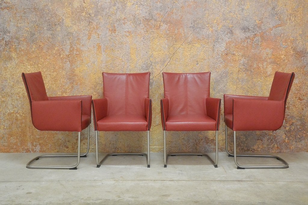 ZGANieuw 4 rode leren Bert Plantagie Jones design stoelen, Bert plantagie, Ophalen of Verzenden, Vijf, Zes of meer stoelen, Leer