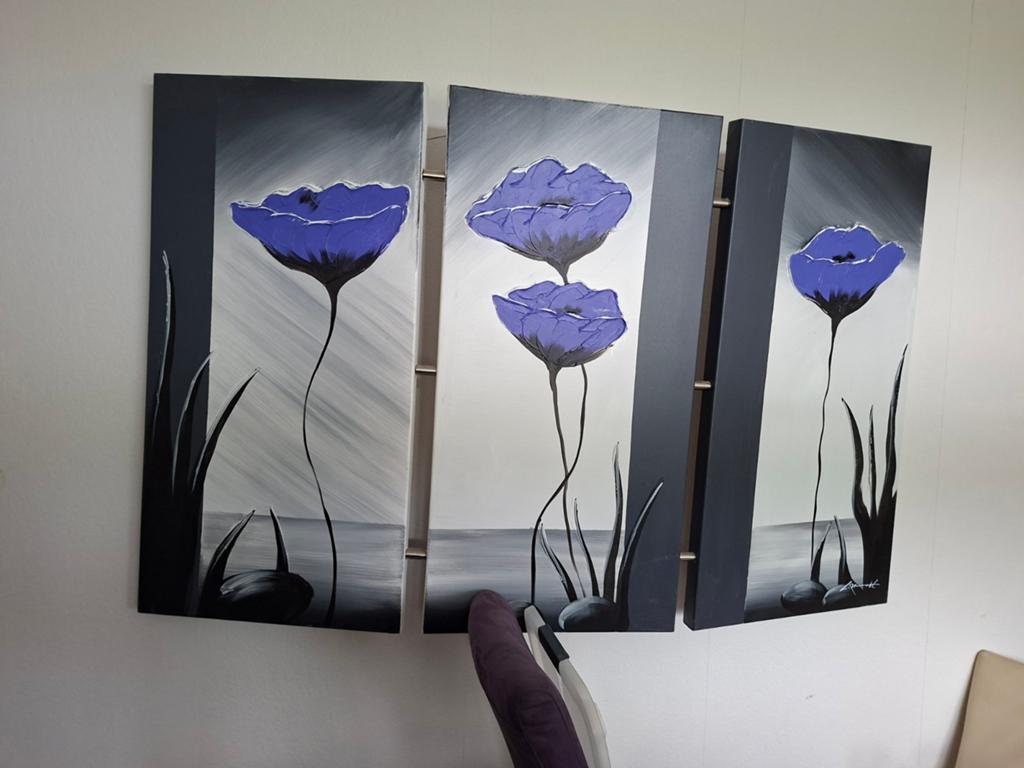 Modern drieluik schilderij met paarse bloemen, Ophalen