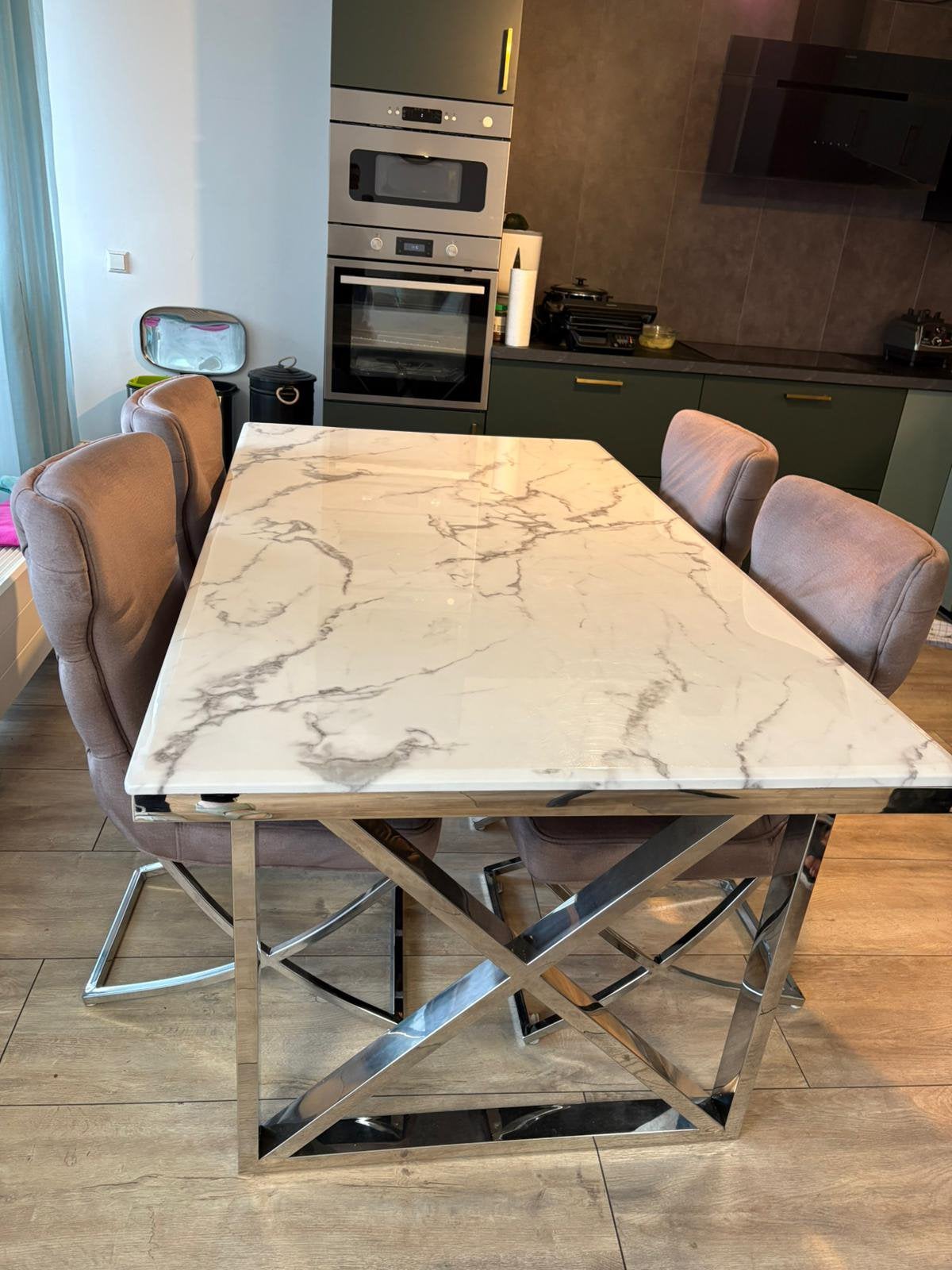 Eettafel met4 stoelen  en salontafel mermer style, Huis en Inrichting, Tafels | Eettafels, Ophalen, Overige materialen, Vierkant