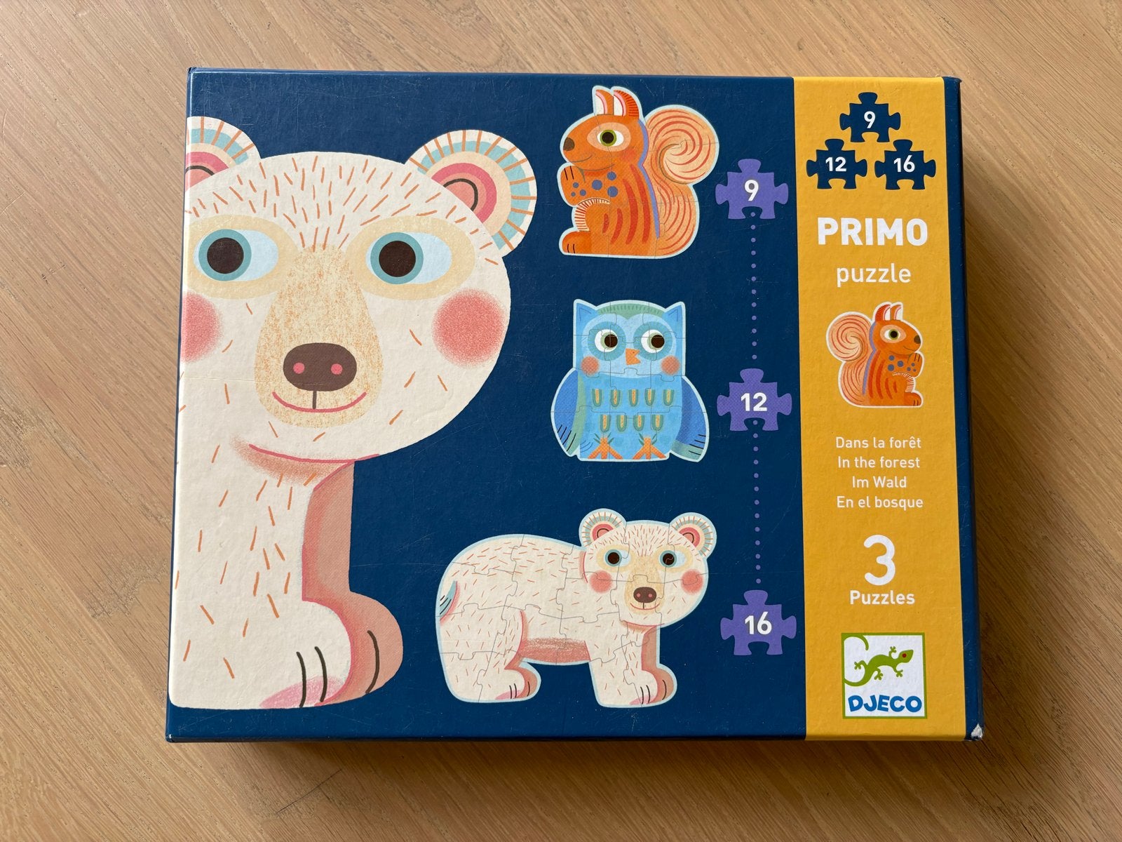 Djeco Primo Puzzel: Bosdieren (9, 12, 16 stukjes), Ophalen of Verzenden, 10 tot 50 stukjes, Gebruikt, 2 tot 4 jaar