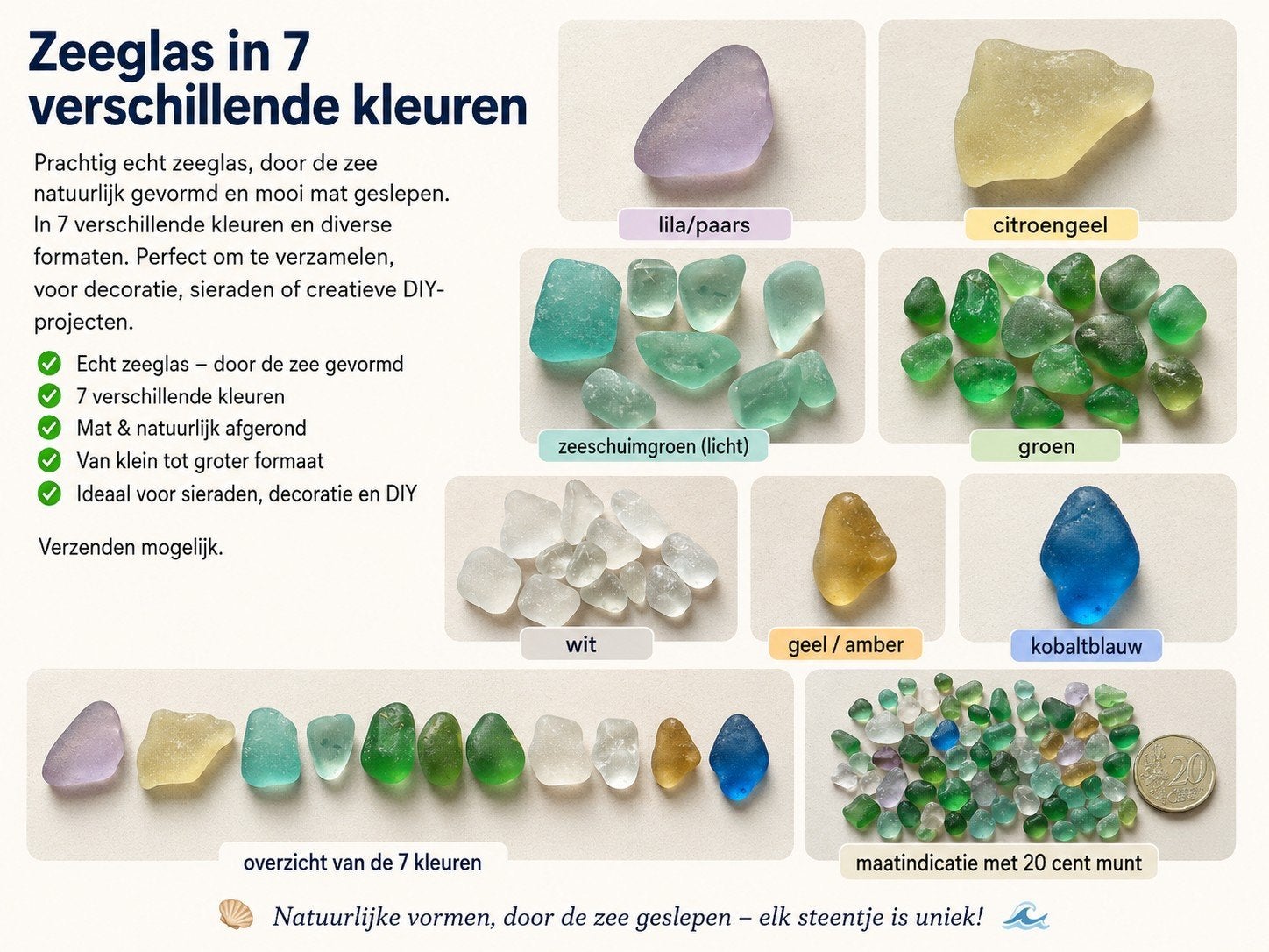 Bijzondere verzameling zeeglas uit Nice – 7 kleuren, Ophalen of Verzenden, Gebruikt