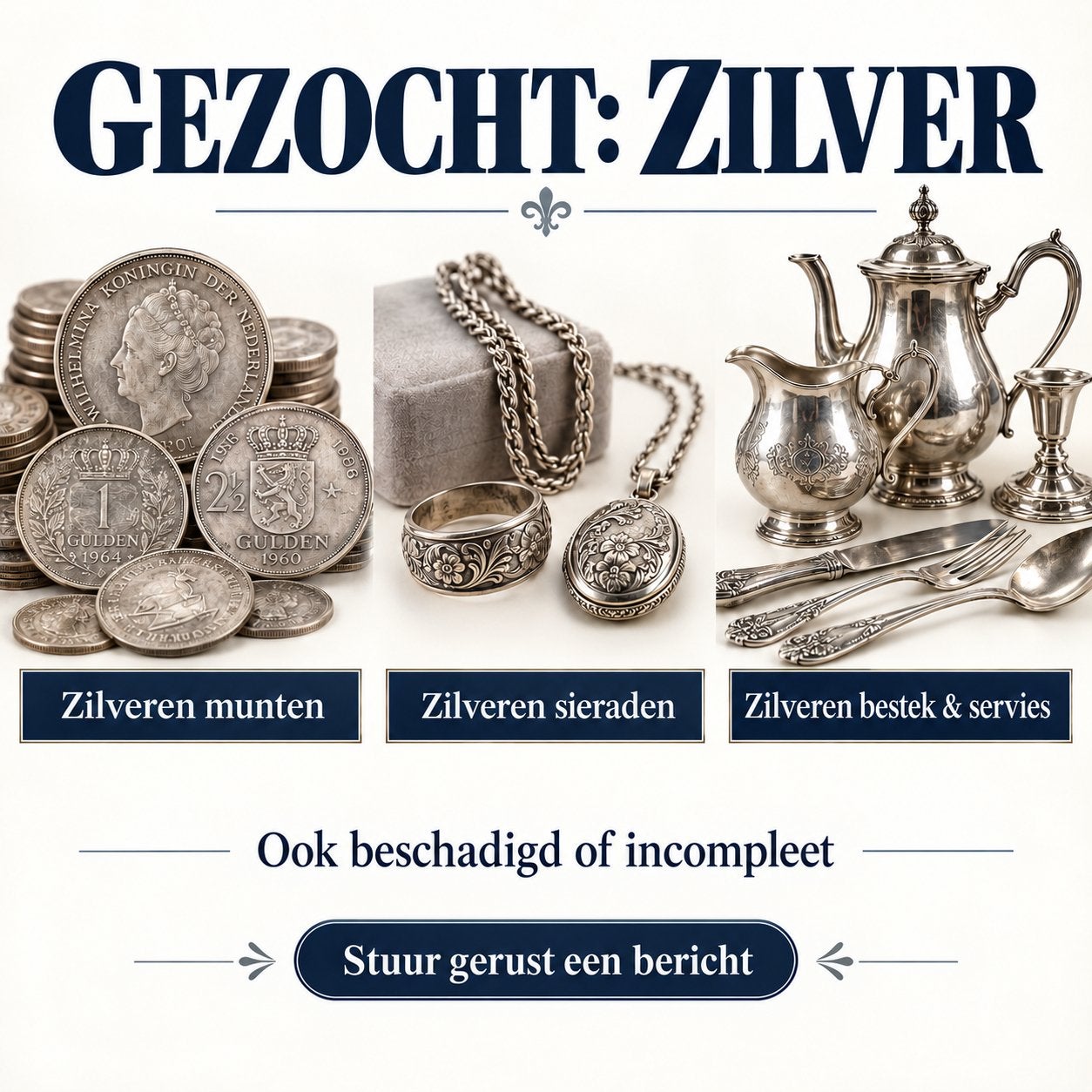 GEZOCHT: ZILVER - Munten, Sieraden, Bestek & Servies, Antiek en Kunst, Ophalen of Verzenden, Zilver