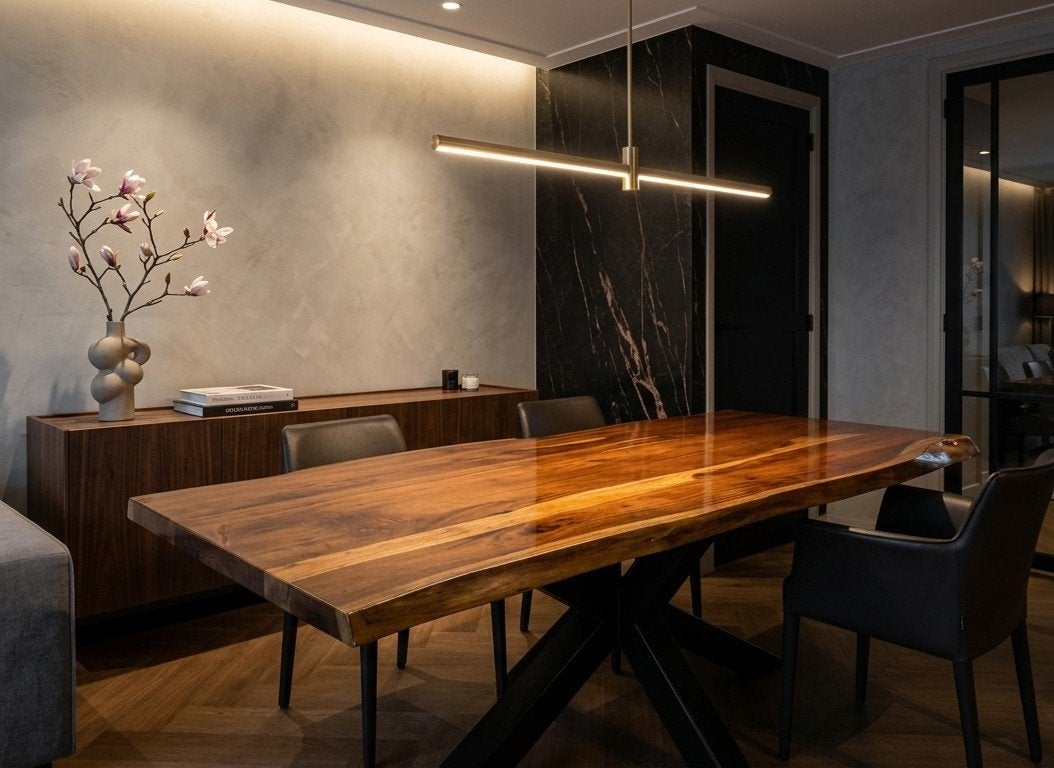 Expoxy boomstam eettafel 220 met matrixpoot, Huis en Inrichting, Modern, Industrieel, Landelijk, 50 tot 100 cm, Zo goed als nieuw