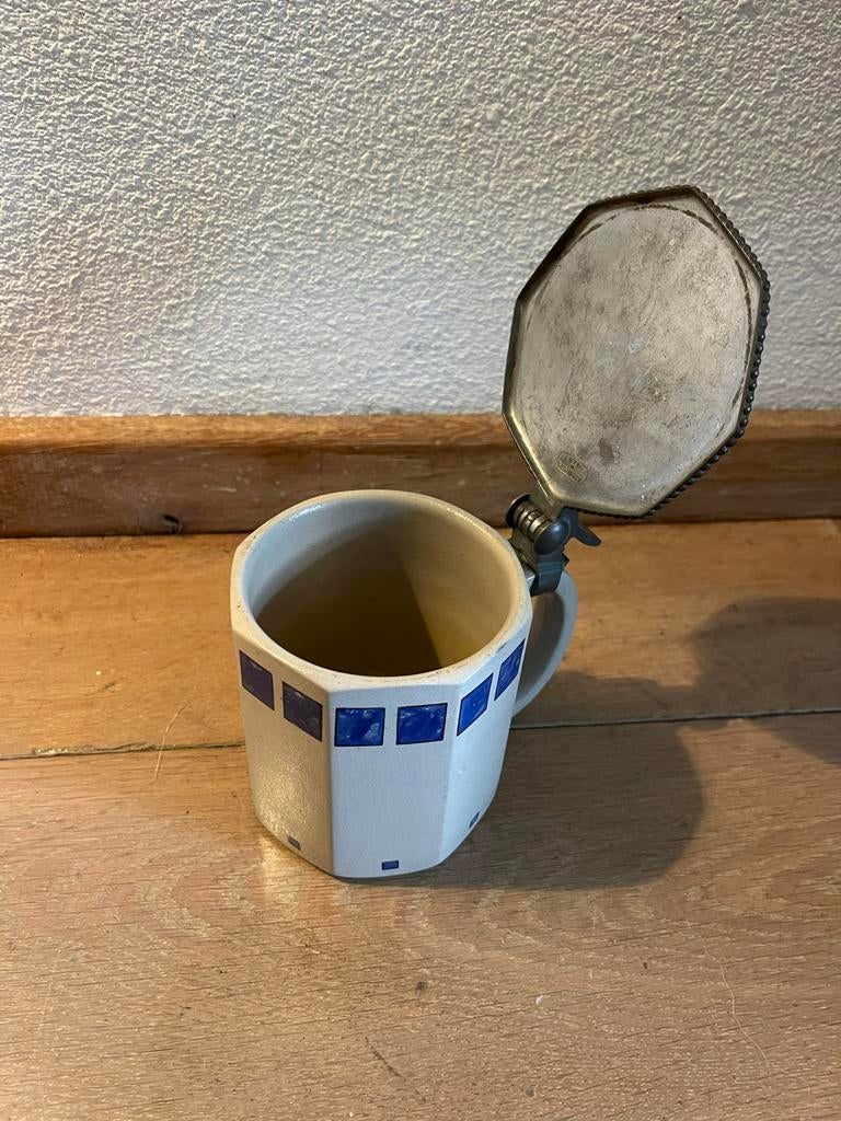 Antieke Bierpul met Deksel - Keramiek en Tin, Ophalen of Verzenden