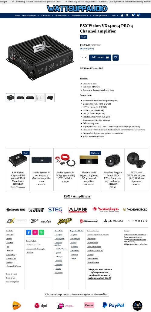 ESX Vision VX1400.4 PRO 4 kanaals versterker 4 x 350WRMS, Audio-design, Nieuw, Am Breilingsweg 3, 76709 Kronau, Duitsland, Ophalen of Verzenden