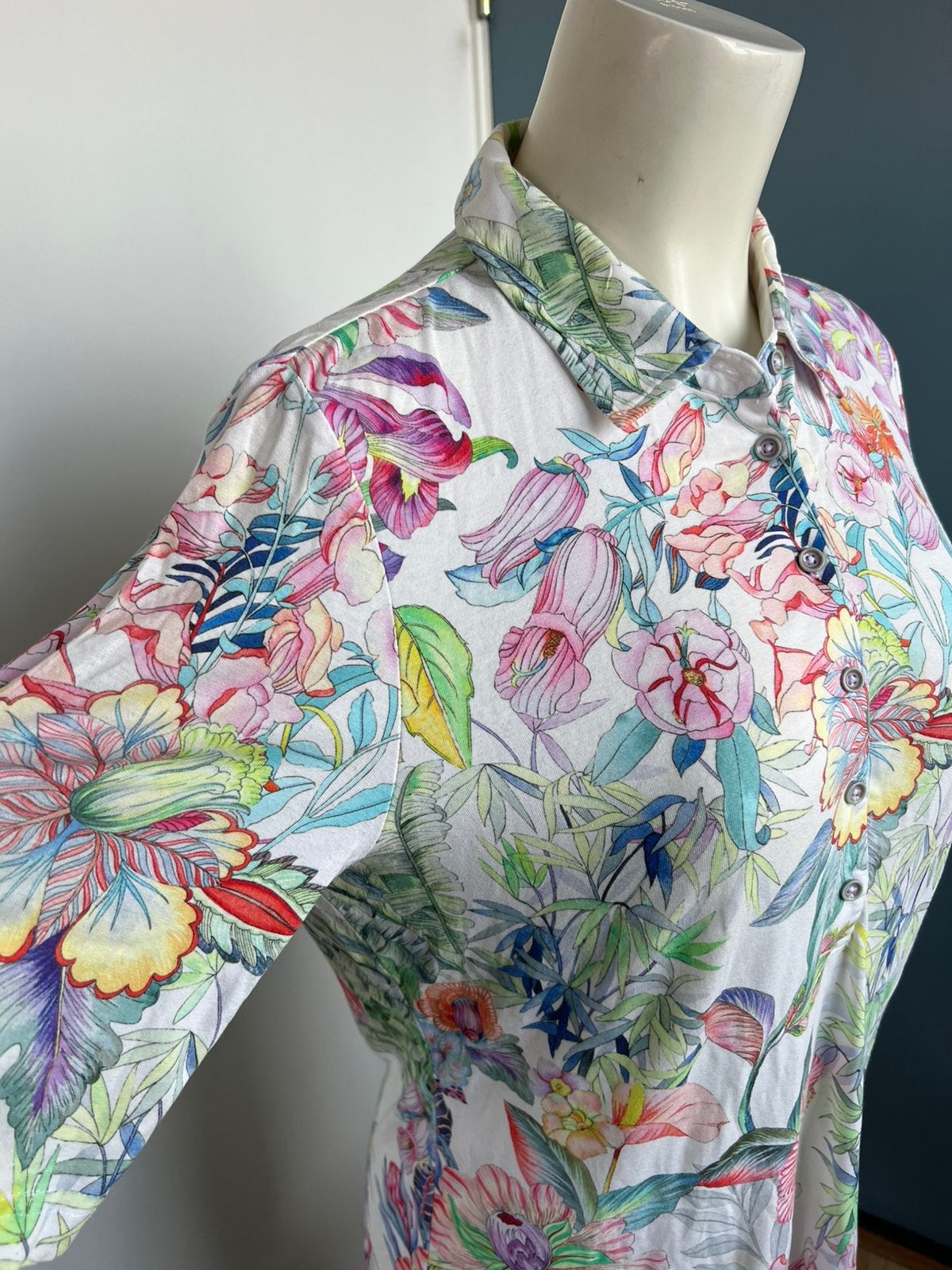 Erfo wit bloemen dunne polo 40 groen roze, Maat 38/40 (M), Wit, Ophalen of Verzenden, Zo goed als nieuw