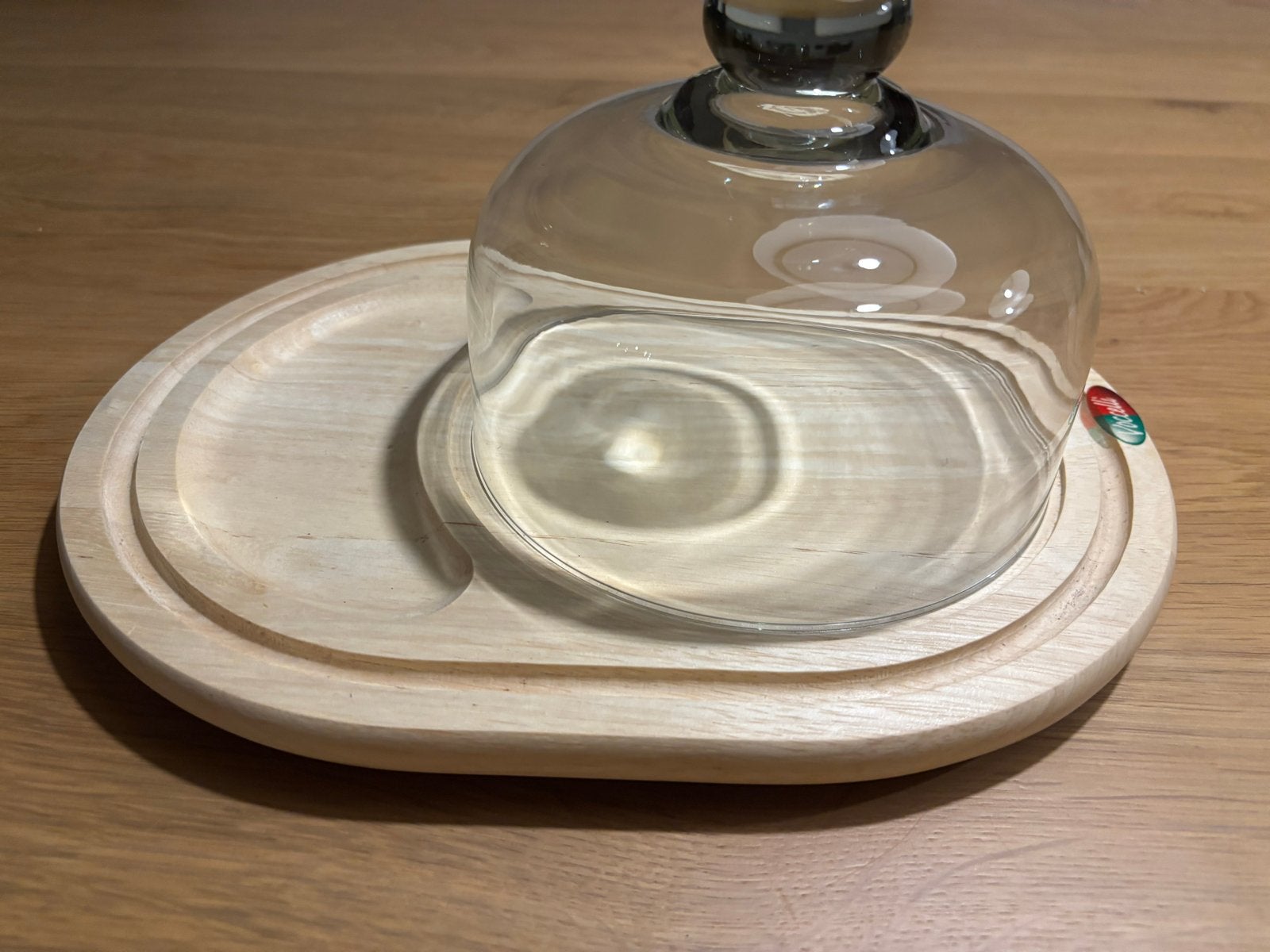 Kaasstolp van glas op houten plank, Huis en Inrichting, Ophalen, Bruin, Glas, Overige typen