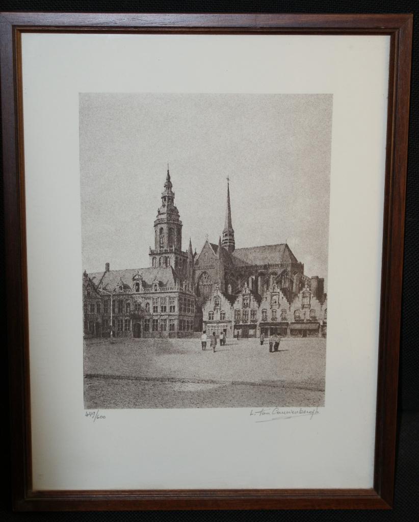 Ets - Léo Van Cauwenbergh (1921) - Grote Markt van Veurne, Antiek en Kunst, Ophalen of Verzenden