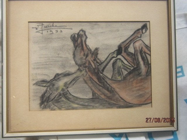 W>ZURCHER, Mooie Pastel van liggende paarden, Ophalen of Verzenden, Papier, Pastel, Dieren