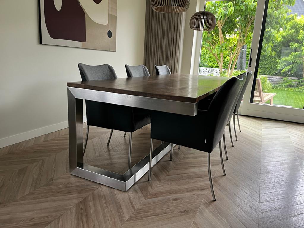 Moderne eettafel Amerikaans notenhout 6 stoelen 100x260x76, Gebruikt, Vijf personen of meer, 150 tot 200 cm, Rechthoekig