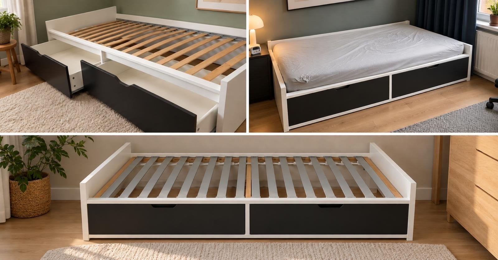 Eenpersoonsbed met opberglades ( Ikea Flaxa) - Wit/Antraciet, Ophalen, Gebruikt, 90 cm, Eenpersoons