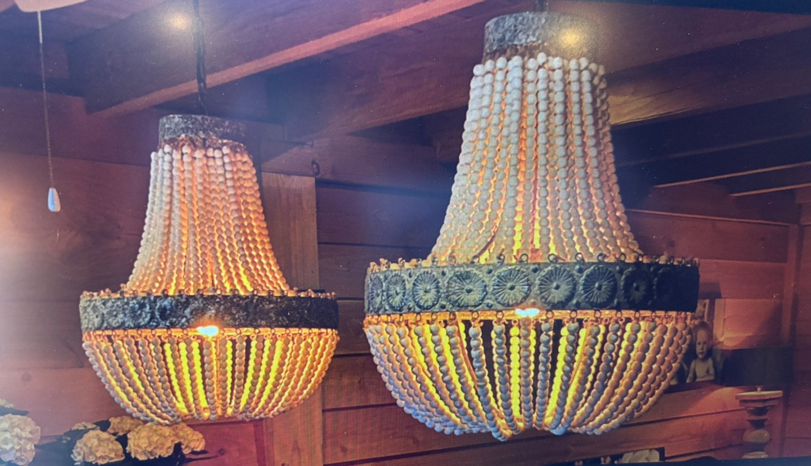 2 grote kralen hanglampen, Huis en Inrichting, Lampen | Kroonluchters, Ophalen, Zo goed als nieuw