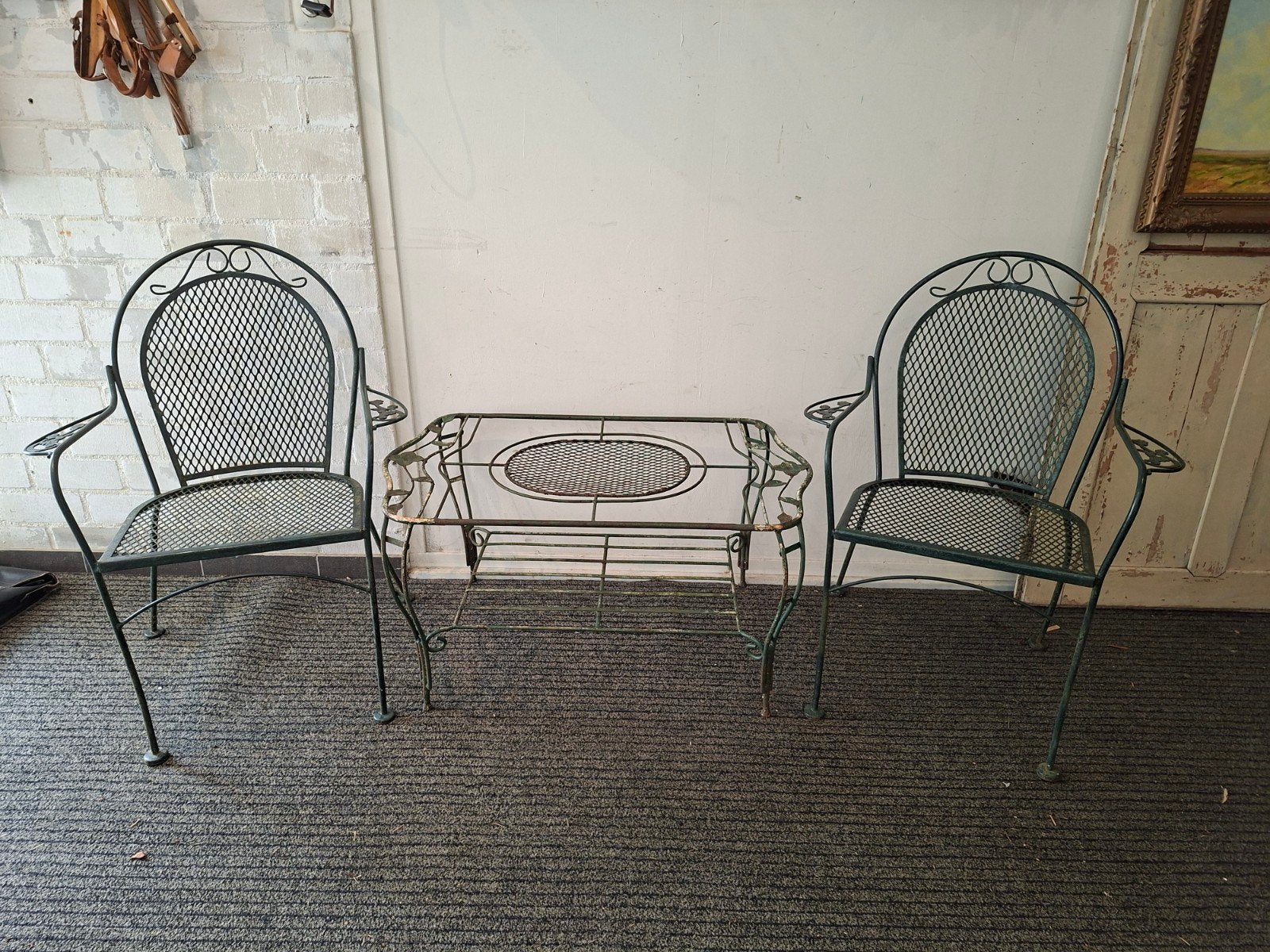 Vintage metalen tuinset 2 stoelen en tafel brocante garden, Tuin en Terras, Ophalen, Metaal