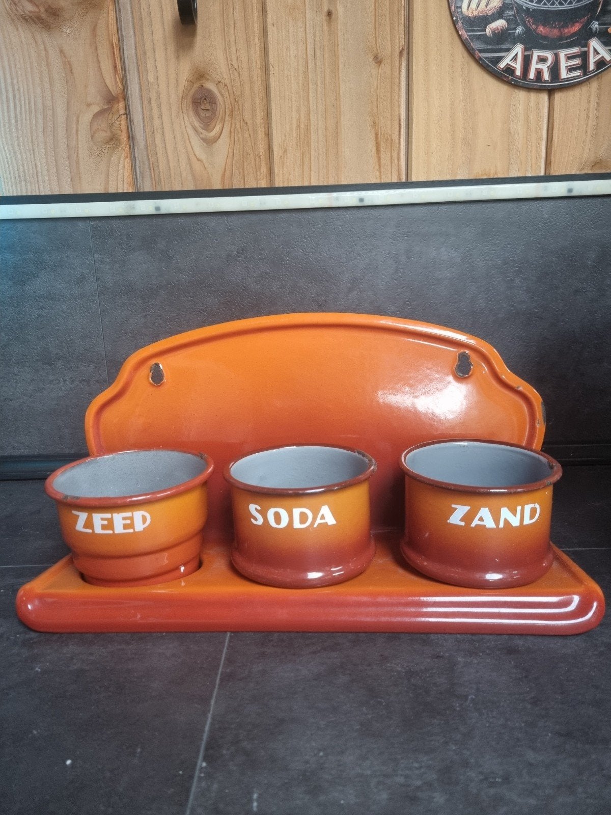Vintage geëmailleerde zeep, soda, zout set - Oranje, Antiek en Kunst, Ophalen of Verzenden