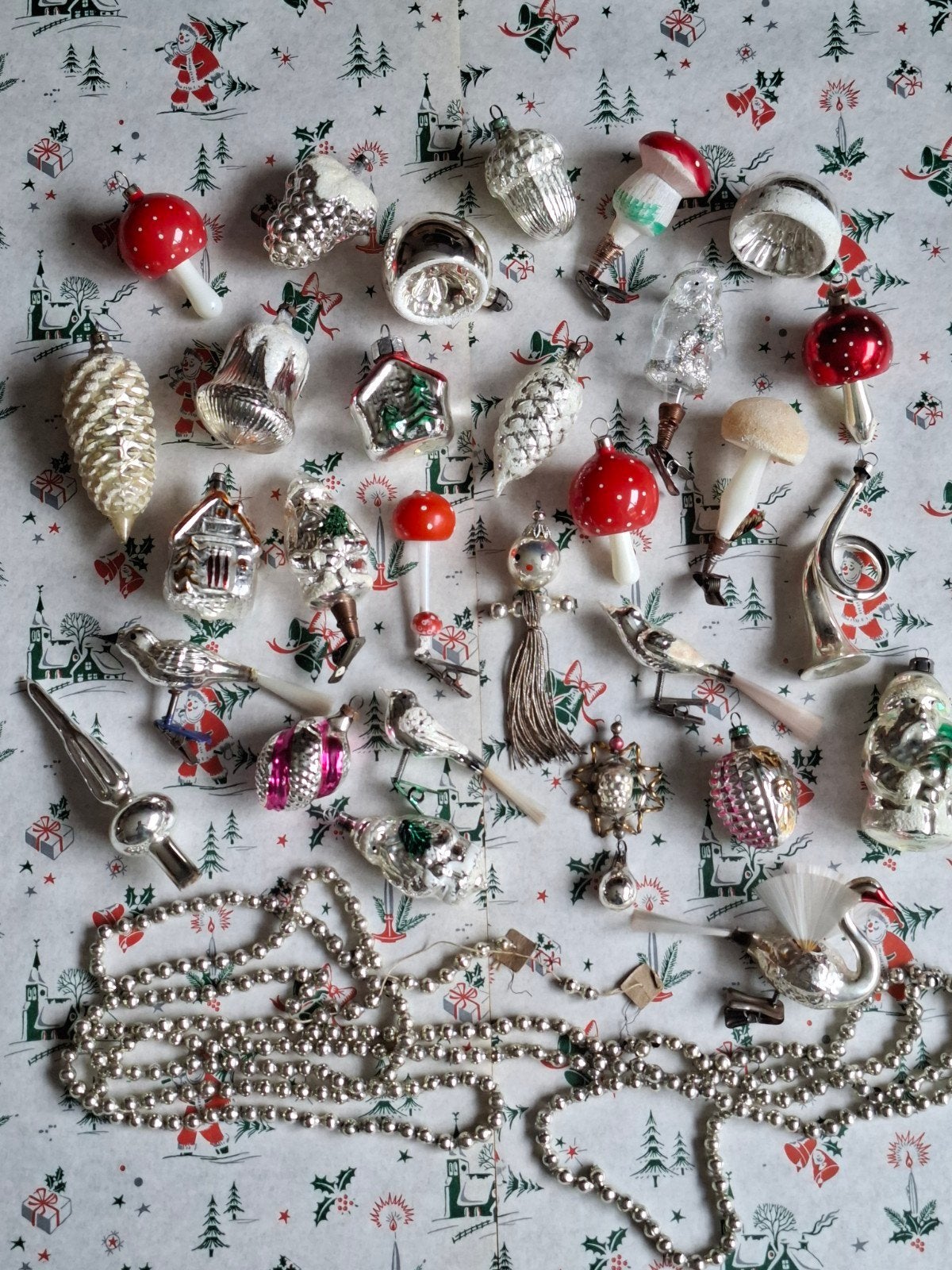 28 oude antieke kerstballen, feathertree piek, kralenketting, Ophalen of Verzenden, Gebruikt