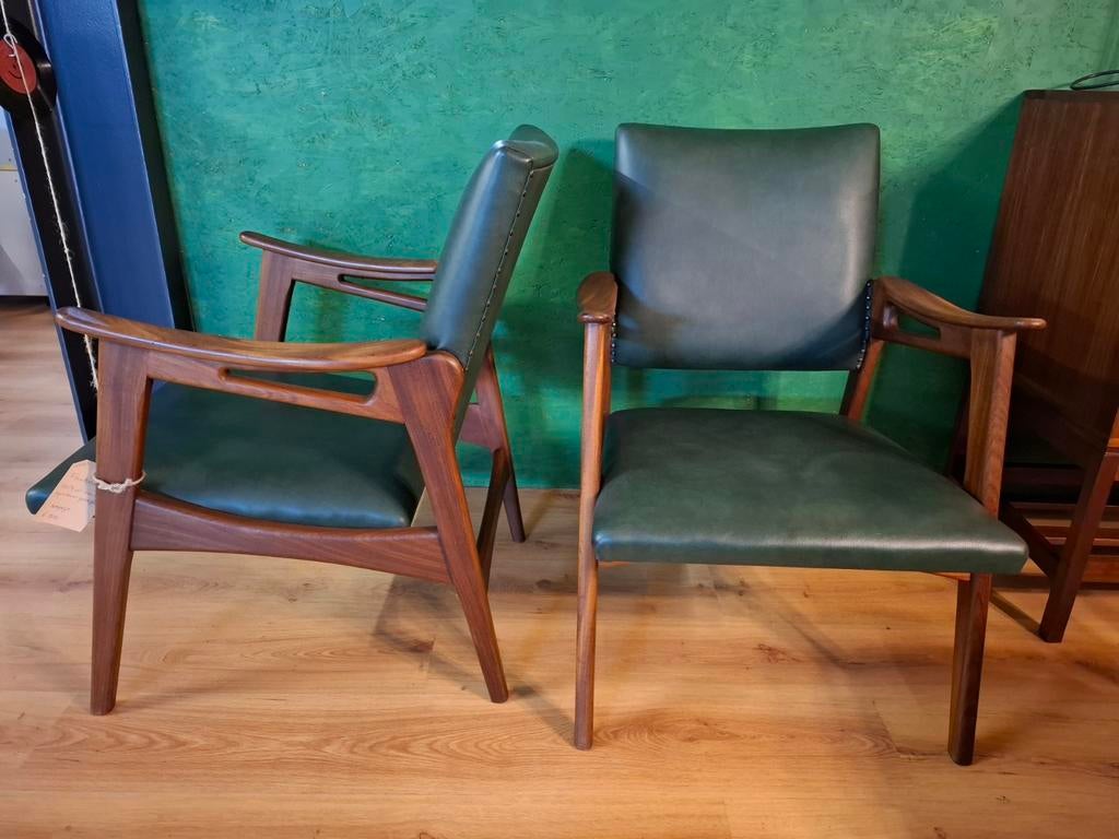 Vintage fauteuils teak groen skai mid century design stoel, Leer, Minder dan 75 cm, Vintage mid century design jaren 60 70, ...