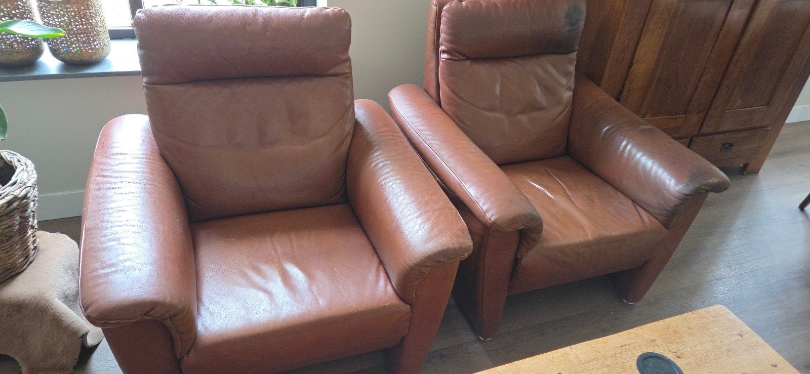 2x More Concept Leren Fauteuils Cognac - Comfortabel Design, Gebruikt, 75 tot 100 cm, Leer, 75 tot 100 cm