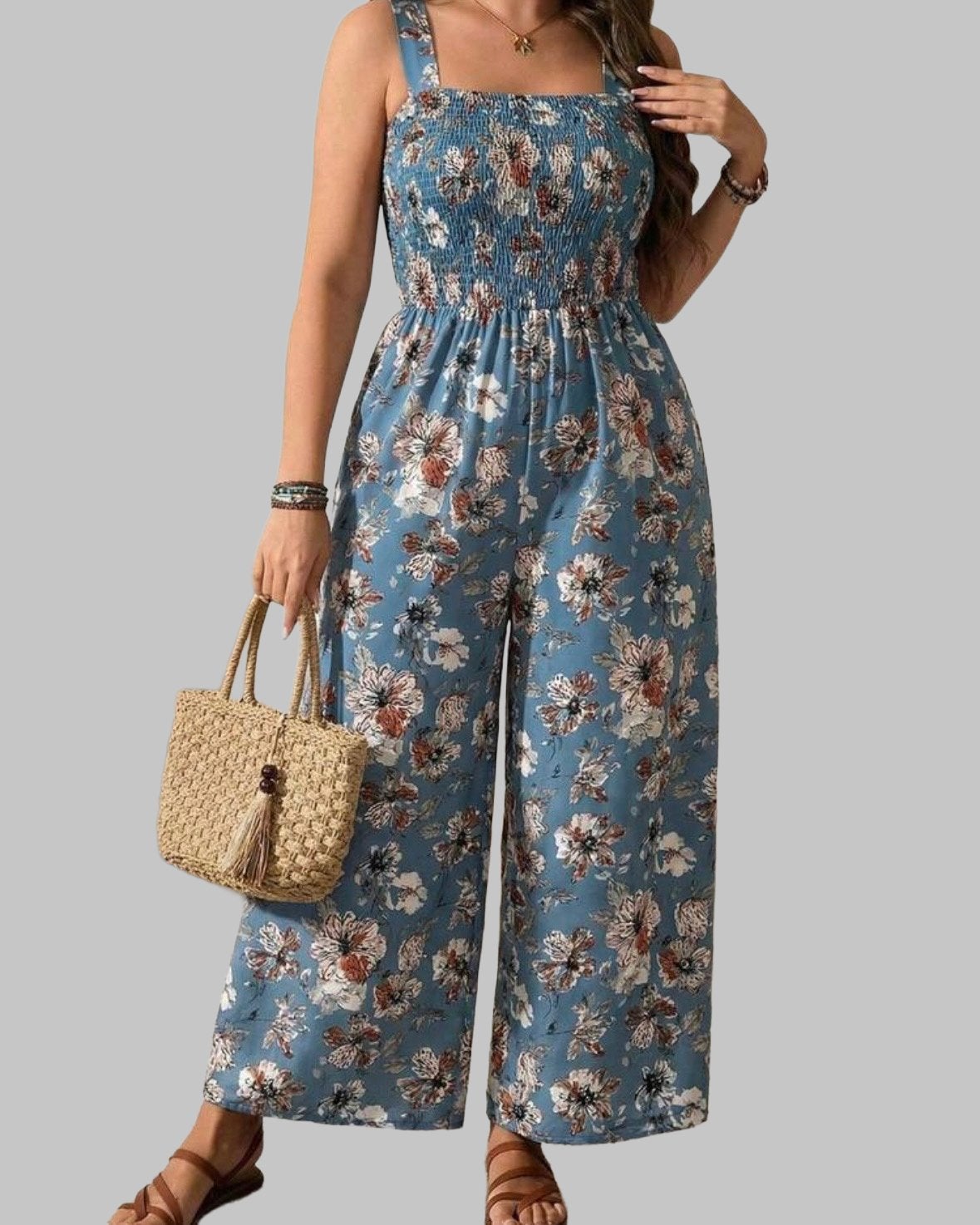 Bloemenprint Jumpsuit Blauw (44-52), Kleding | Dames, Verzenden, Nieuw, Blauw, Broek of Spijkerbroek