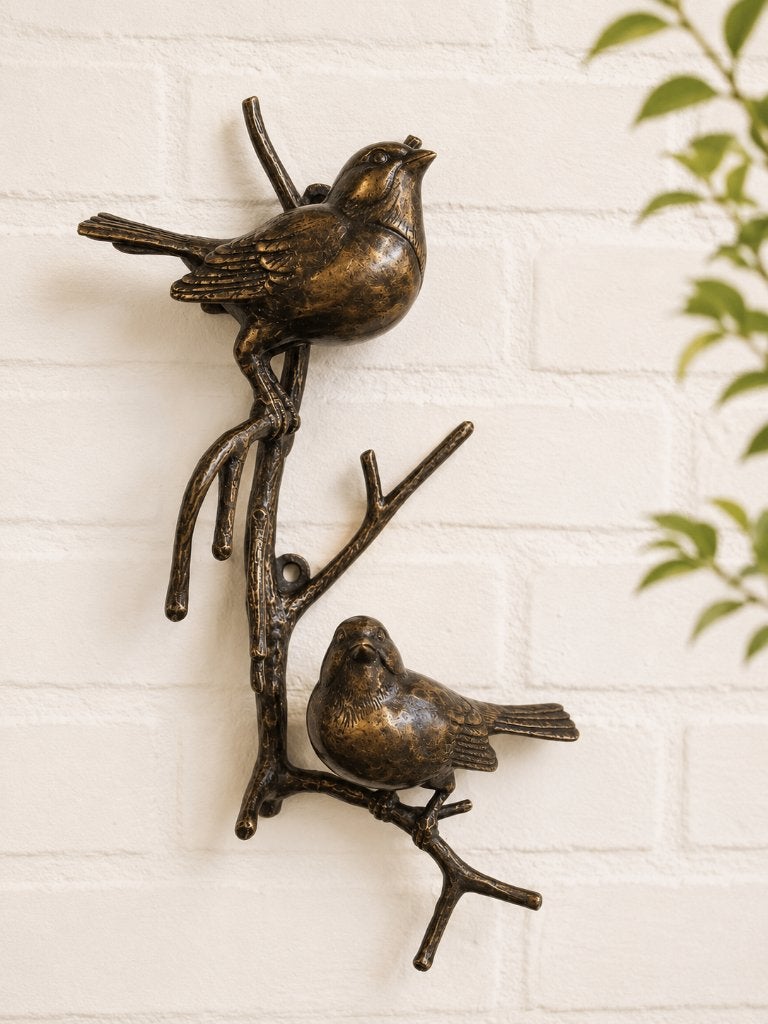 bronzen muurdecoratie / TAK met 2 VOGELS /mussen/verticaal