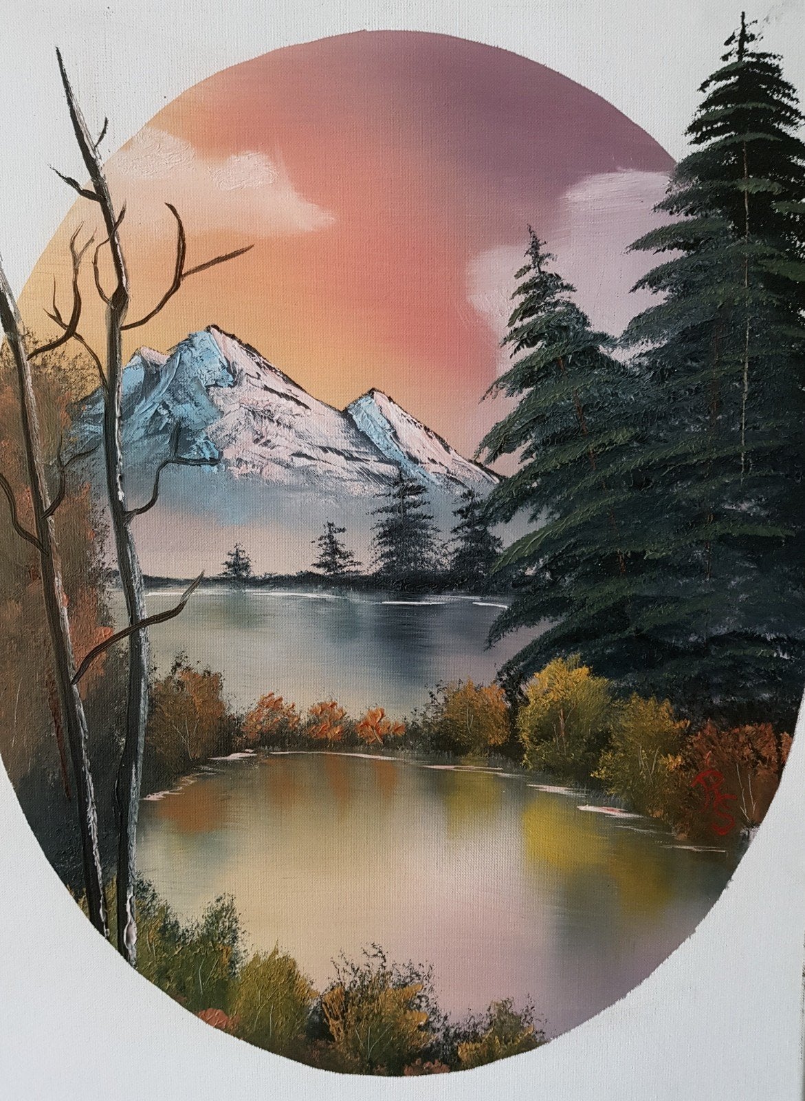 Groot Schilderij in Bob Ross Stijl - Berglandschap, Antiek en Kunst, Ophalen of Verzenden