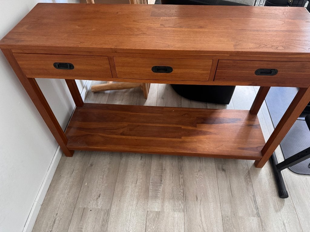 Massief houten wandtafel met 3 lades en onderplank, Ophalen, Met plank(en), Gebruikt, 100 tot 150 cm