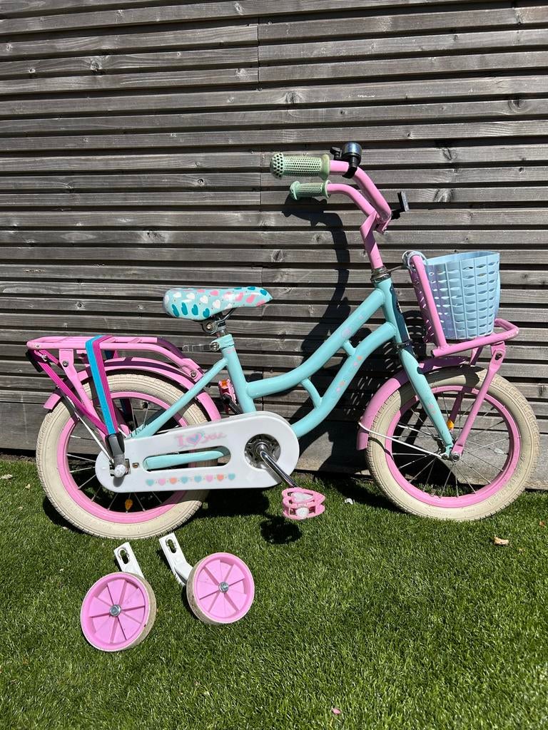 Kinderfiets 14 inch met zijwieltjes - Roze/Blauw, Fietsen en Brommers, Fietsen | Kinderfietsjes, Gebruikt, Minder dan 16 inch