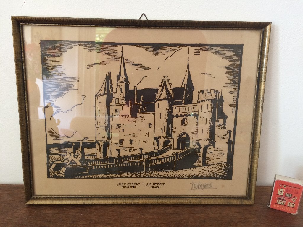 Het Steen Antwerpen gesigneerd origineel J. van de Bogaert, Antiek en Kunst, 26 cm, 33 cm, Ets, Stadsgezicht