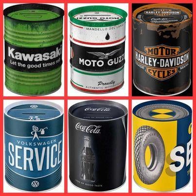 Olie blik spaarpot Harley VW Goodyear Coca cola money box, Verzamelen, Spaarpotten, Nieuw, Overige thema's, Metaal of Blik, Ophalen of Verzenden