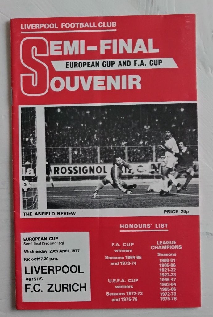 Liverpool FC vs FC Zurich Semi-Final Programma 1977, Verzamelen, Ophalen of Verzenden, Zo goed als nieuw, Buitenlandse clubs, Boek of Tijdschrift