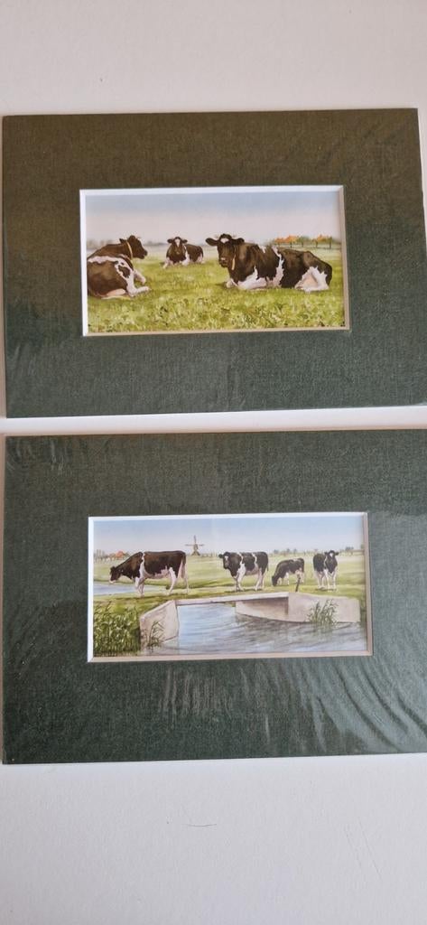 Twee prenten van koeien in landschap, Ophalen of Verzenden