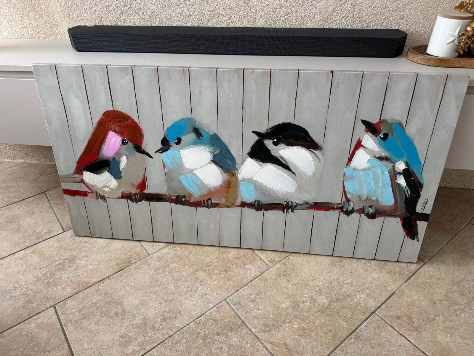 Schilderij met 4 kleurrijke vogels op een tak, Ophalen