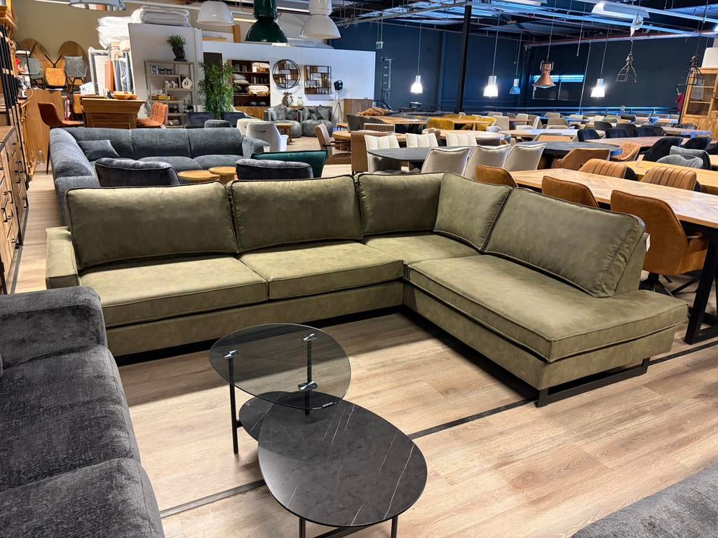 Groene lederlook bank - hoekbank + eiland green bull outlet, Ophalen, 250 tot 300 cm, Nieuw, Stof