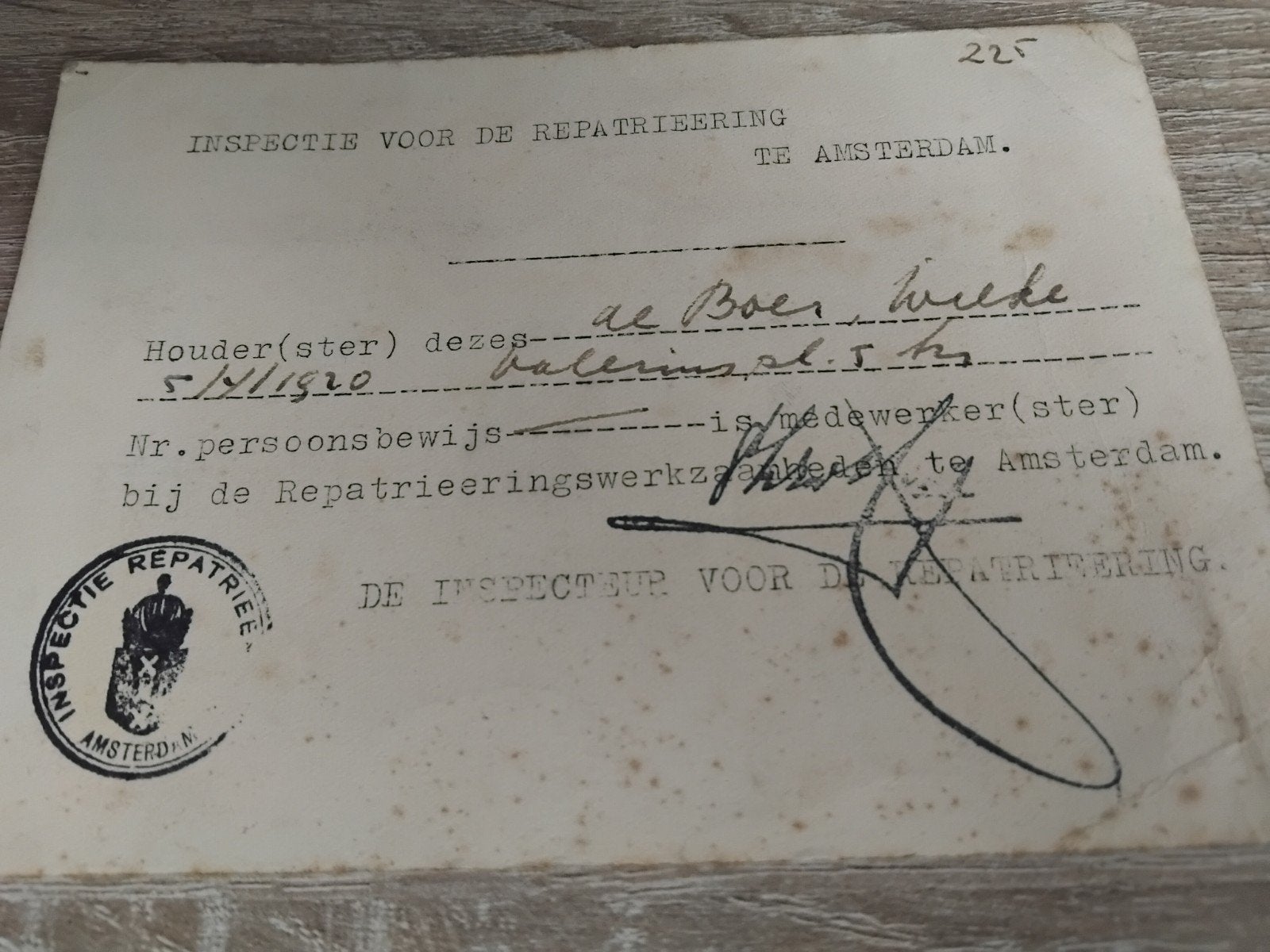 Historisch Repatriëringsdocument Amsterdam 1920, Ophalen of Verzenden