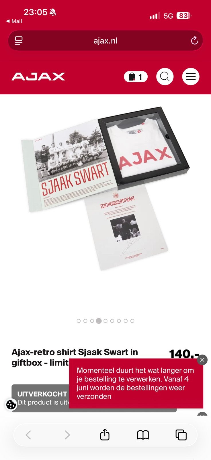 Ajax-retro shirt Sjaak Swart in giftbox - limited edition, Ophalen of Verzenden, Zo goed als nieuw, Ajax, Shirt