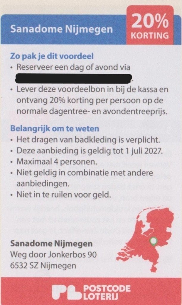 Sanadome Nijmegen 20% korting tot 4 personen. Postcode bon., Tickets en Kaartjes, Kortingen en Cadeaubonnen, Drie personen of meer