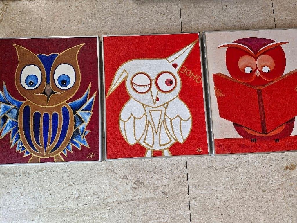 Drieluik UILEN olieverfschilderijen Karlo Base, Ingelijst, Ophalen of Verzenden, Dieren, Olieverf