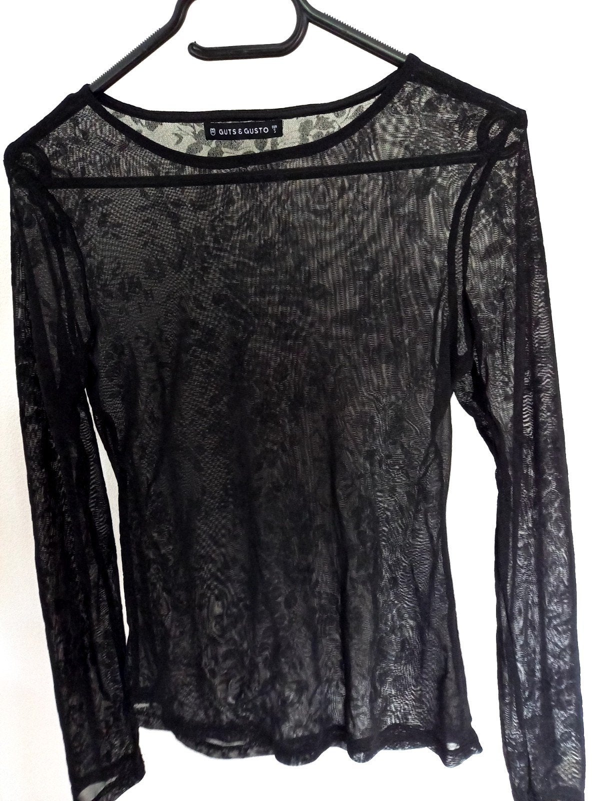 GUTS & GUSTO zwarte doorzichtige top met print mt S, Kleding | Dames, Zwart, Ophalen of Verzenden, Zo goed als nieuw, Lange mouw