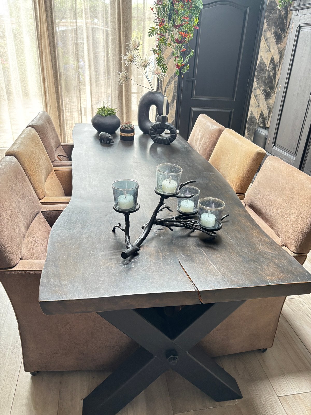 Boomstamtafel met Stalen Kruispoten + 6 Alcantara St, Ophalen, Gebruikt, 200 cm of meer, 50 tot 100 cm