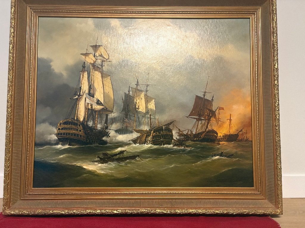 Schilderij zeeslag: Slag bij Ushant (1781) van A. Lourens, Ophalen, Maritiem / water, Doek, Olieverf