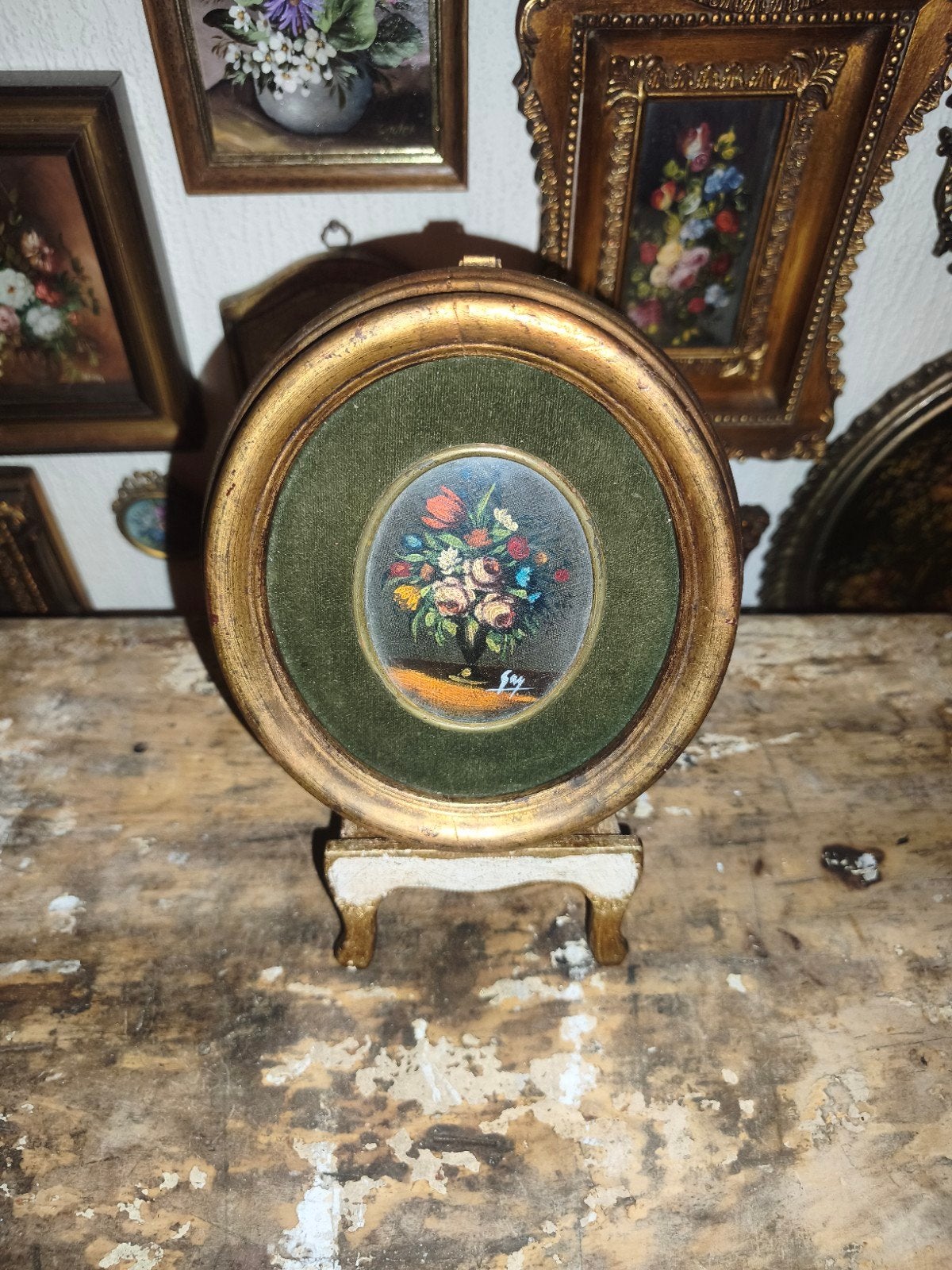 oud schilderijtje schilderij lijst stilleven bloemen X5, Antiek en Kunst, Ophalen of Verzenden