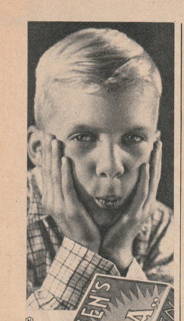 Retro reclame 1950 Van Dungen chocolade jongetje wat lekker, Verzamelen, Retro, Verzenden, Overige typen