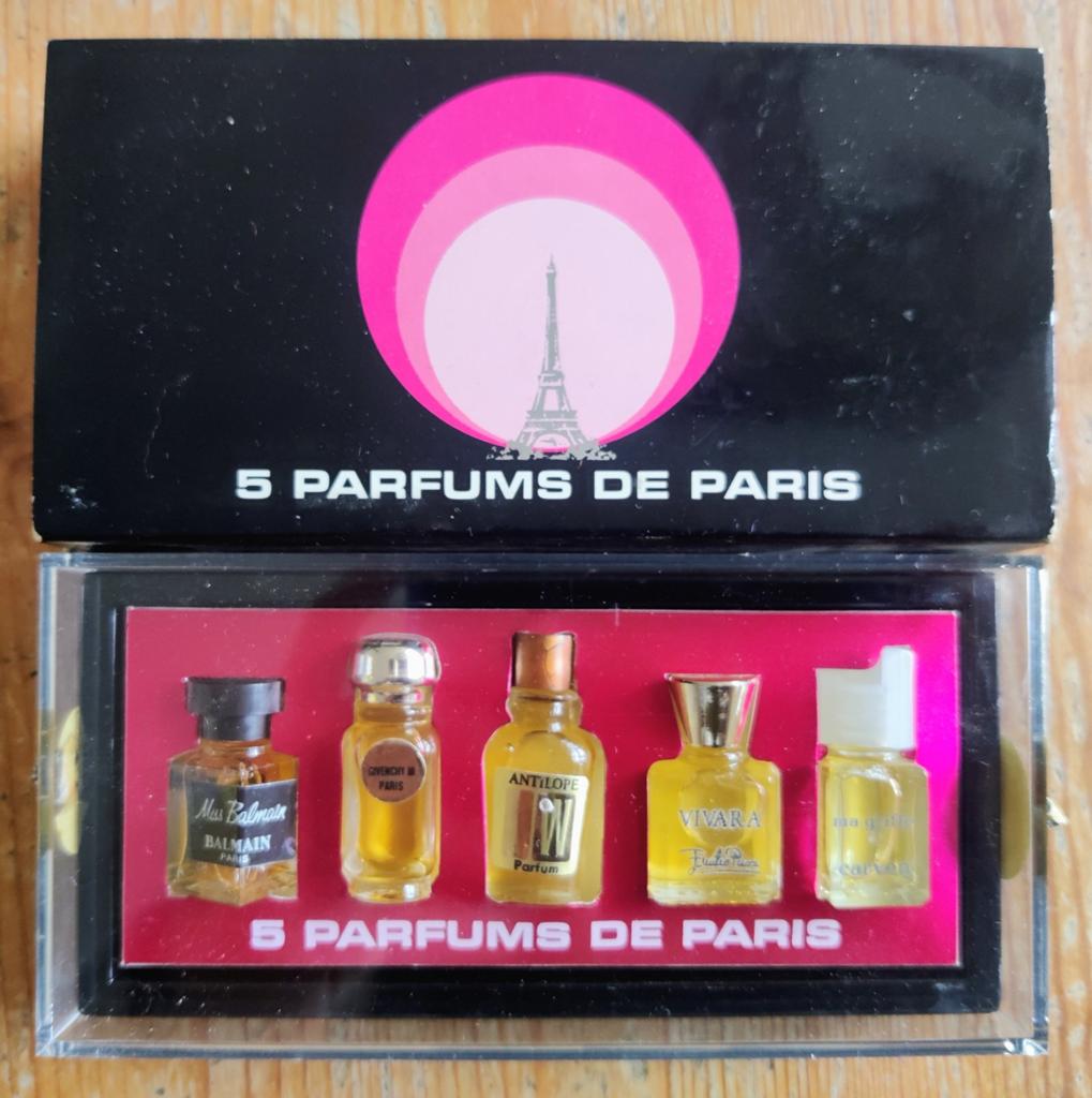 Vintage 1960s '5 parfums de Paris' mini bottles 1.8-2.0 ml, Ophalen of Verzenden, Zo goed als nieuw, Miniatuur