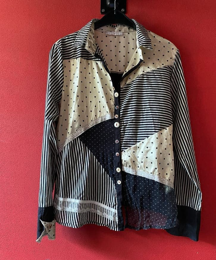 Zwart beige blouse van Elisa Cavaletti maat L. ZGAN, Ophalen of Verzenden, Zo goed als nieuw, Maat 38/40 (M), Zwart