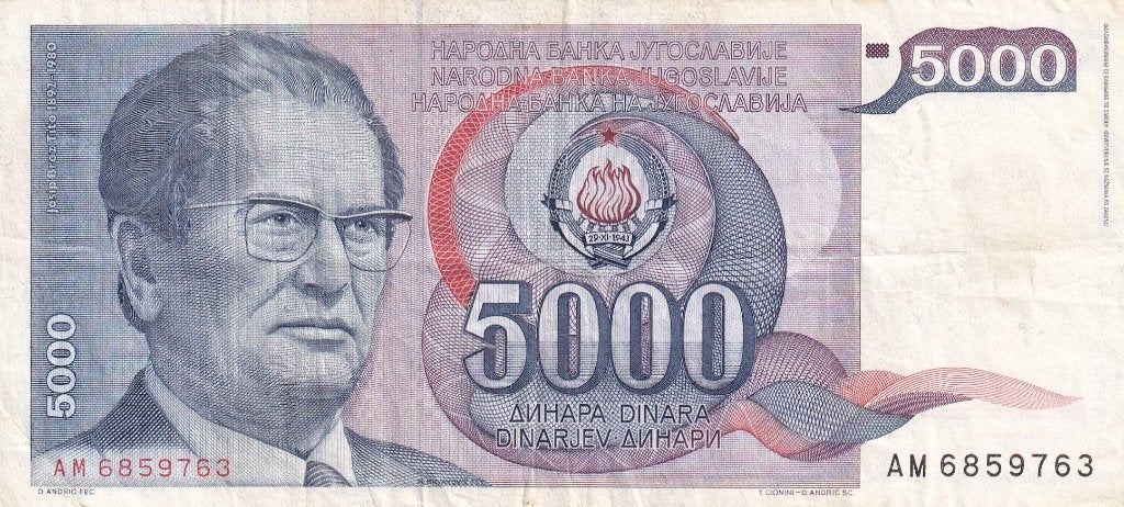 Joegoslavië 5000 dinar 1-5-1985, Verzenden, Joegoslavië, Los biljet