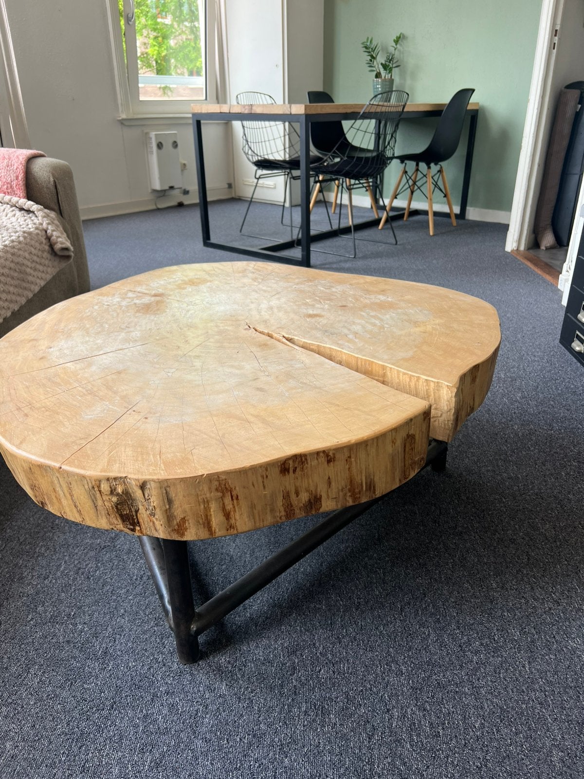 Handgemaakte salontafel hout/staal, Ophalen, Gebruikt, 50 tot 100 cm, Rond