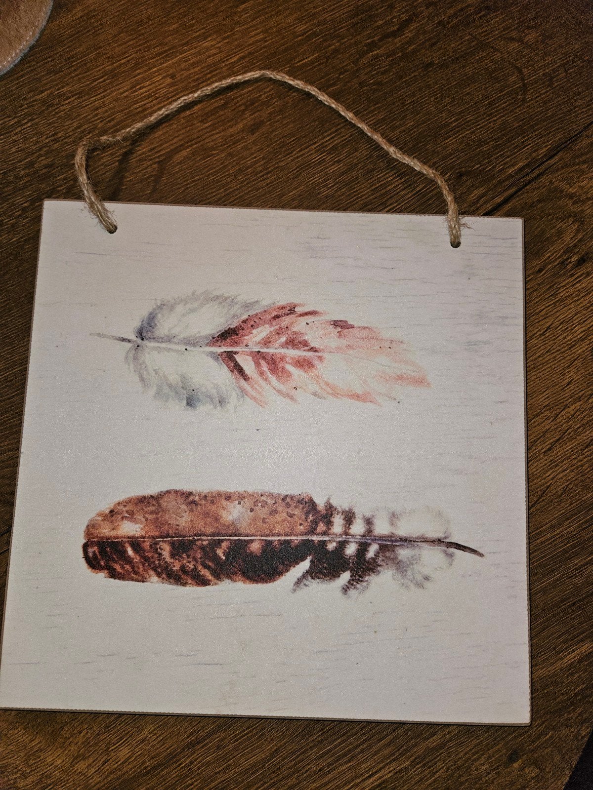 Wanddecoratie met verenprint, Huis en Inrichting, Woonaccessoires | Wanddecoraties, Gebruikt, Hout, Meerkleurig, Ophalen of Verzenden