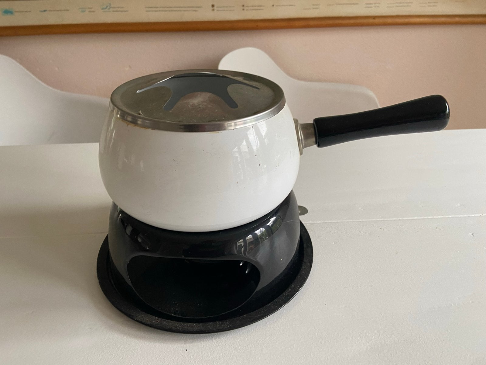 Vintage Fonduepan met Brander - Wit/Zwart, Witgoed en Apparatuur, Fonduesets, Ophalen of Verzenden, Gebruikt, Brander, Fondueset