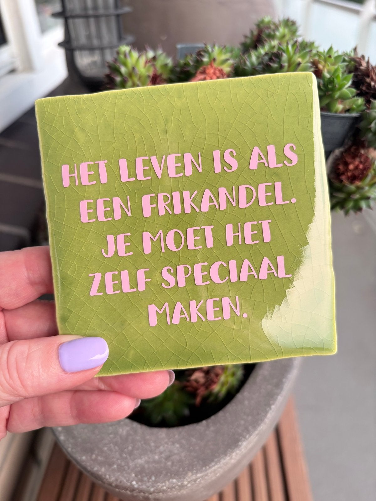 Tegeltje met grappige tekst: Het leven is als een frikandel, Verzenden, Nieuw, 11 cm, Tegeltje